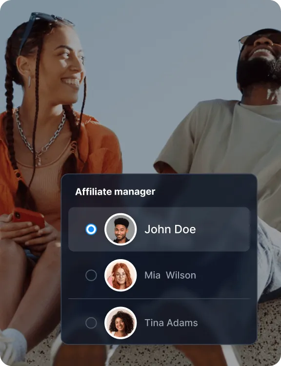 Een selectiepaneel voor affiliate managers met een overzicht van de affiliate managers die aan accounts zijn toegewezen.