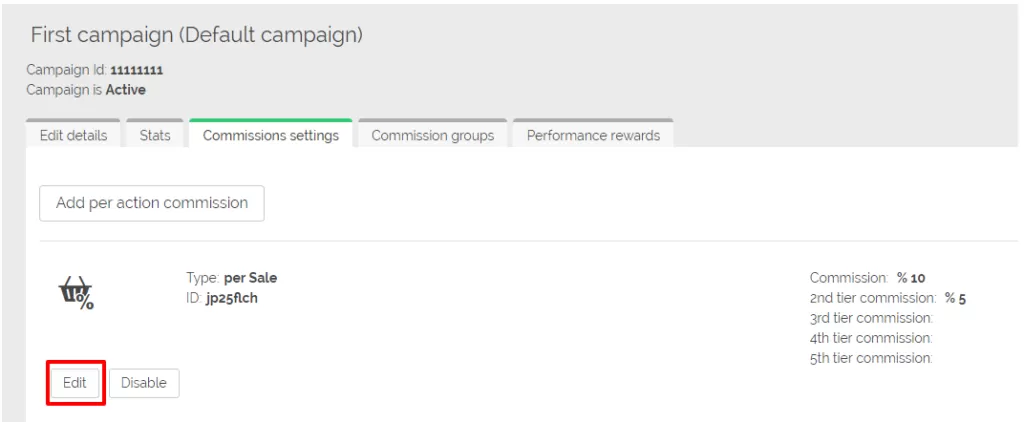 Screenshot van de commissie-instelling in Post Affiliate Pro.