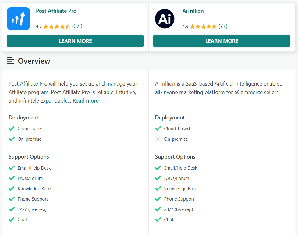 Post Affiliate Pro vs AiTrillion vergelijking van functies op GetApp