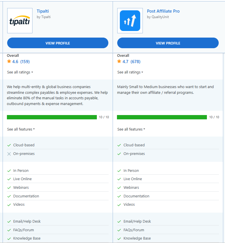Post Affiliate Pro vs Tipalti vergelijking van functies.