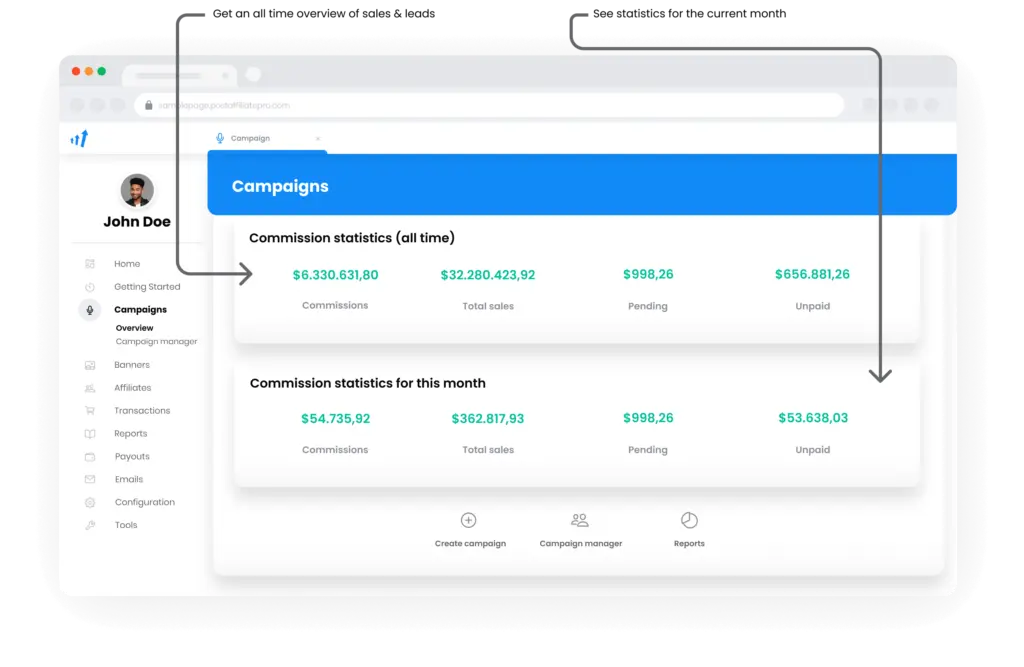 Een afbeelding van het campagneoverzicht in Post Affiliate Pro.