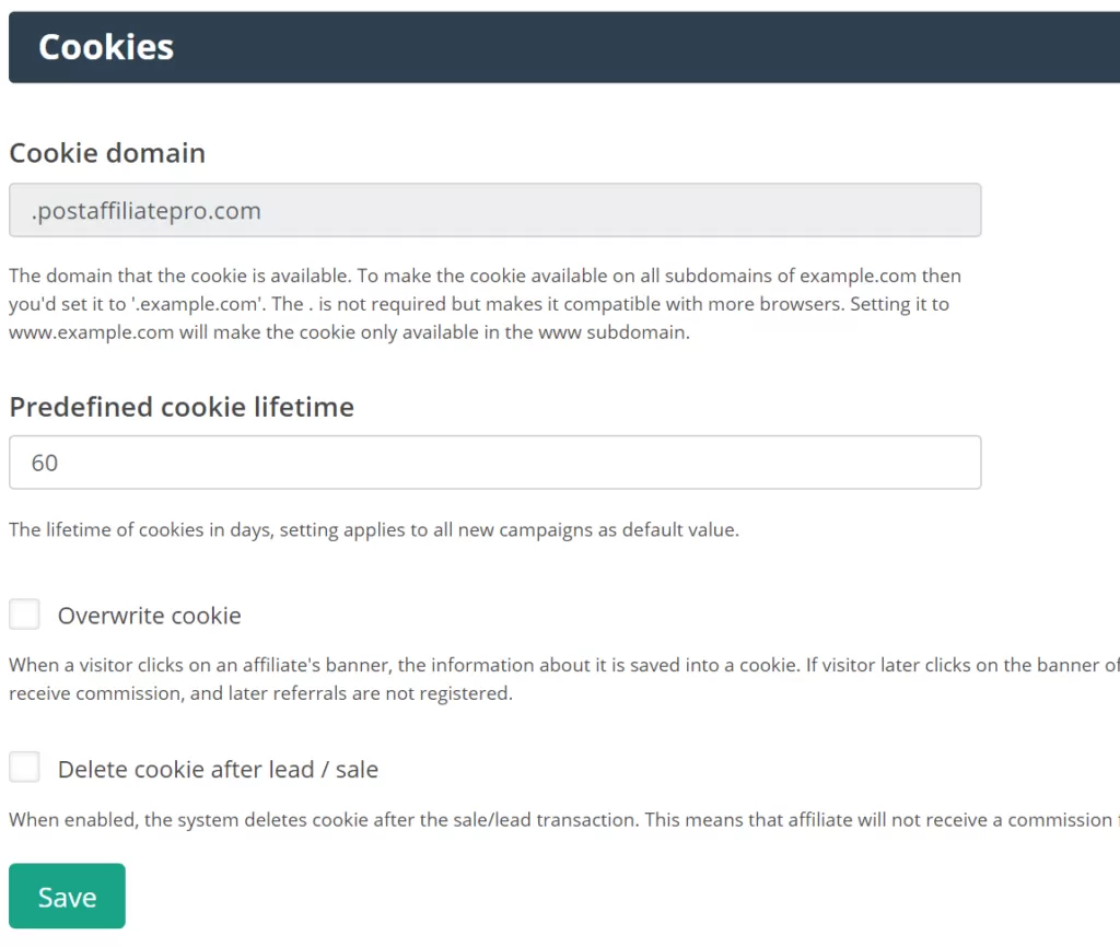 Een afbeelding van cookie tracking in Post Affiliate Pro.