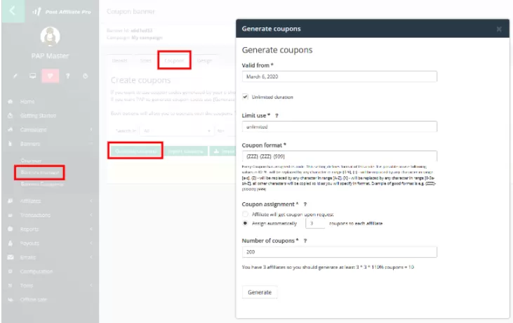 Screenshot van de coupon generatie functie van Post Affiliate Pro.