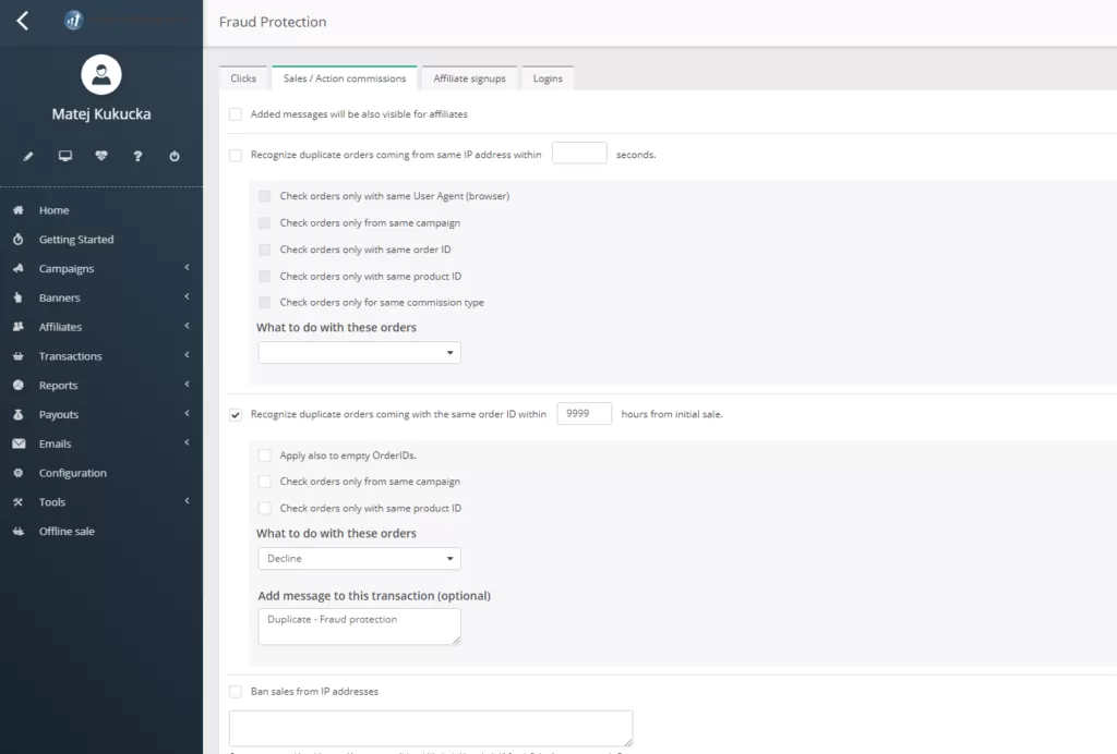Screenshot van het verkoopfraudebeschermingsdashboard van Post Affiliate Pro.