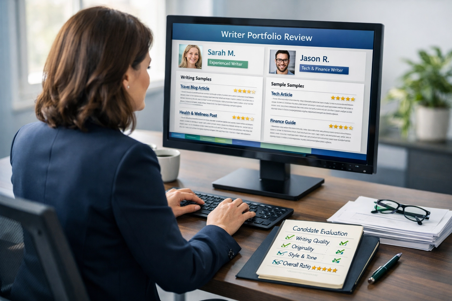 Professional evaluating freelance writer portfolios on computer