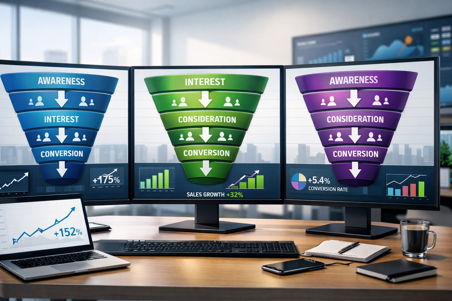 Visualisatie van de klantacquisitiefunnel met analytics-dashboard