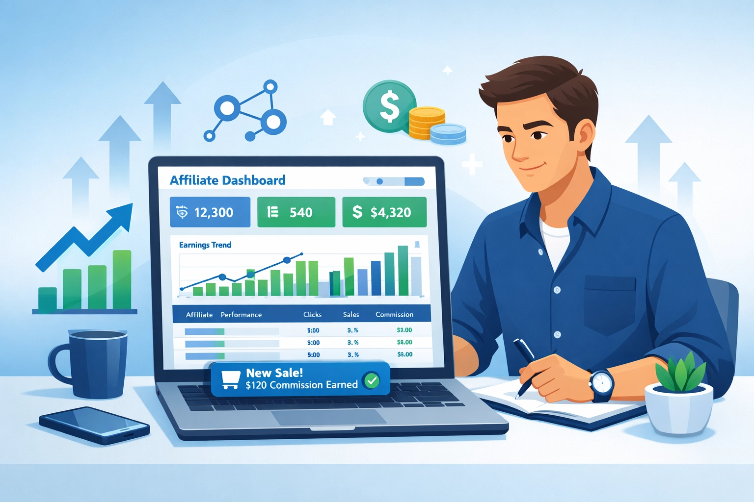 Kleine ondernemer beheert affiliate programma dashboard