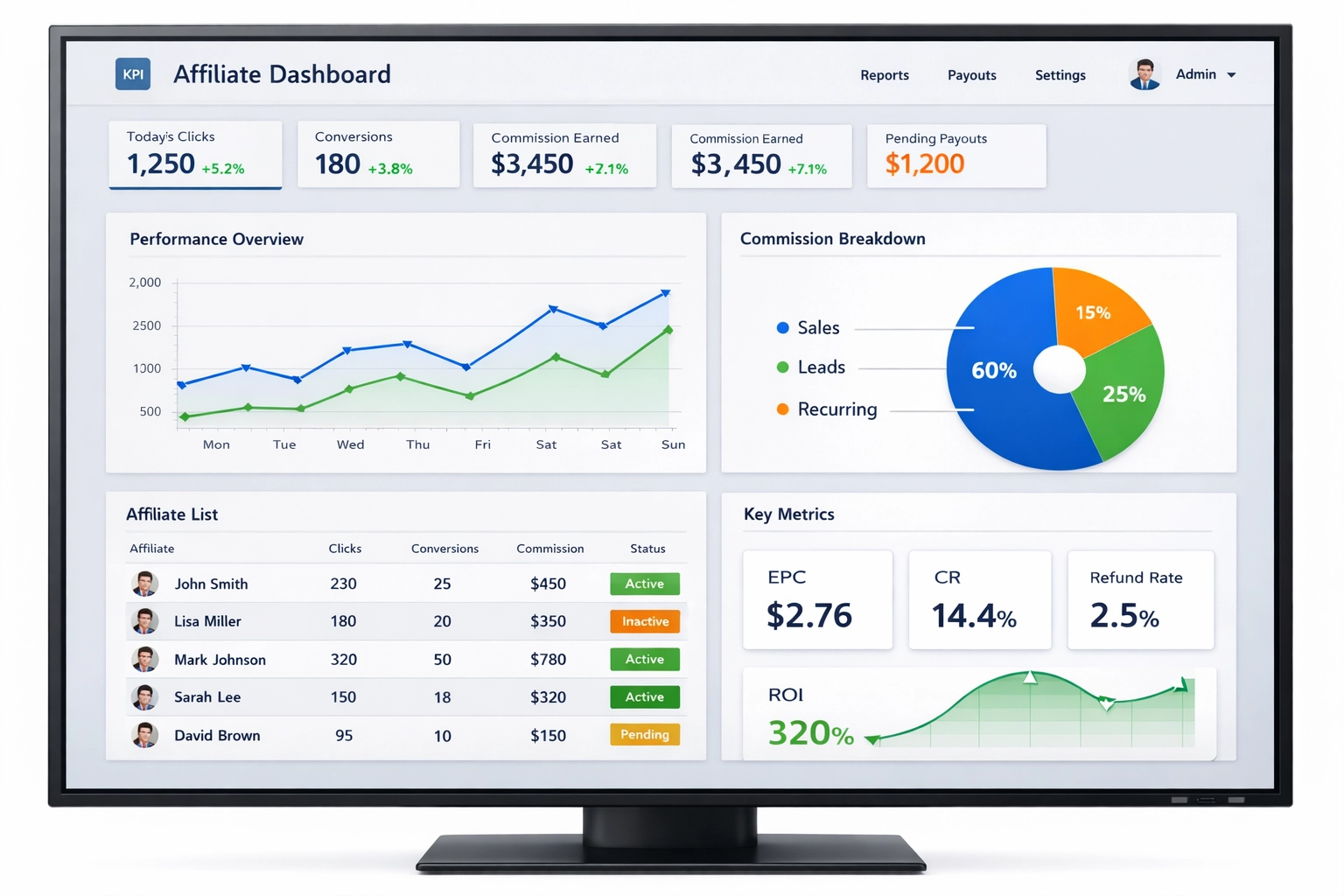 Affiliate software dashboard met statistieken en analyses