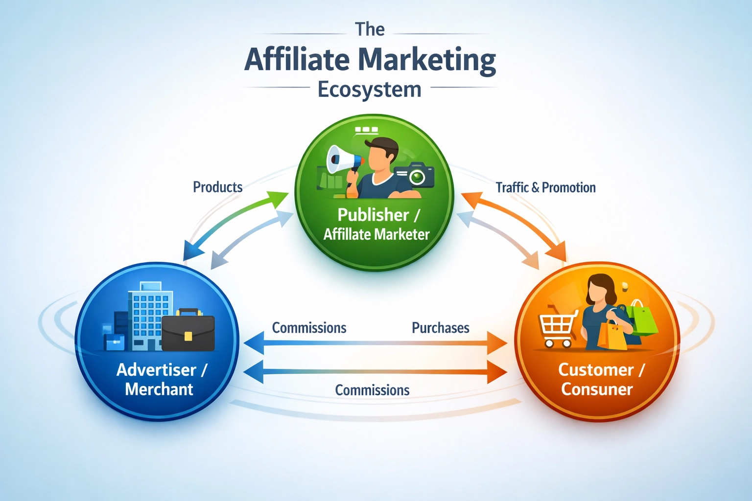 Drie pijlers van affiliate marketing-ecosysteem met onderlinge verbinding tussen adverteerder, publisher en klant