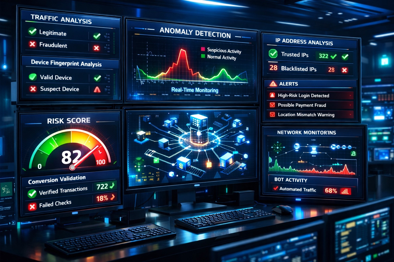 Real-time fraud detection system dashboard with monitoring metrics