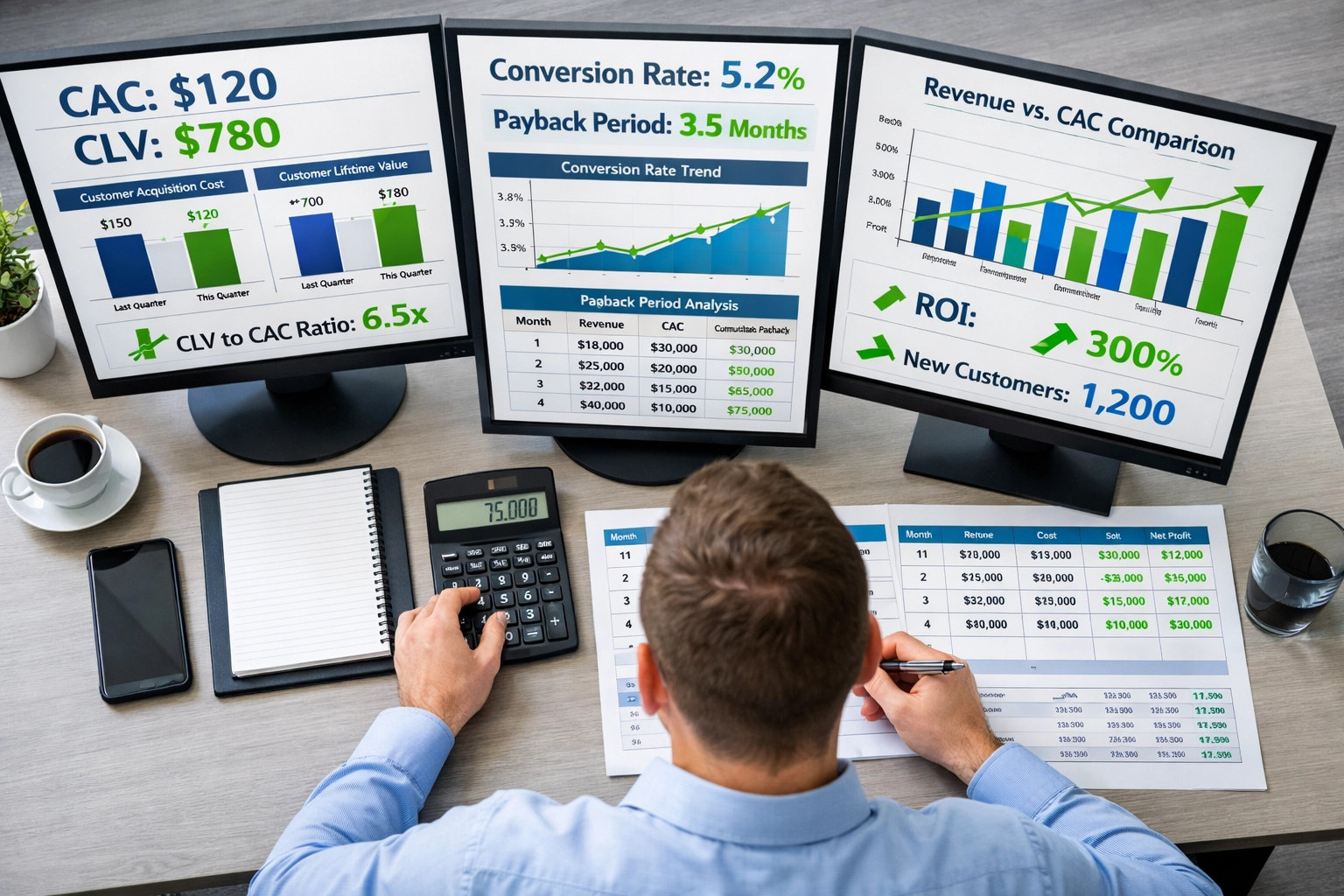 Data-analist bekijkt klantacquisitiemetrics en analytics