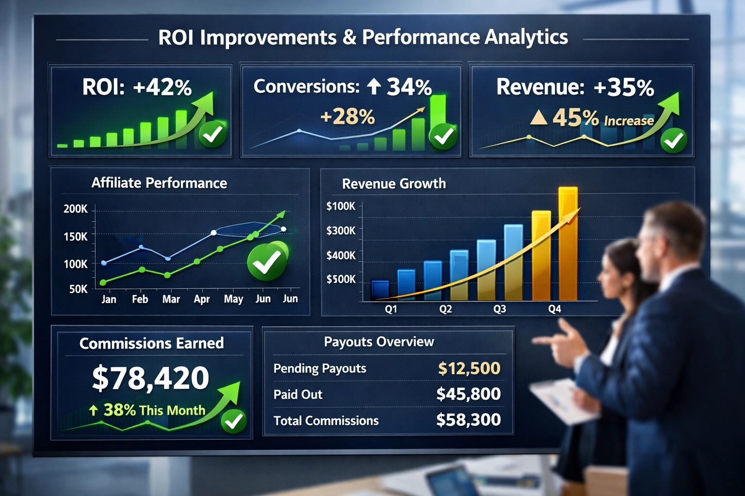 ROI metrics dashboard met prestatieverbeteringen en groeicijfers