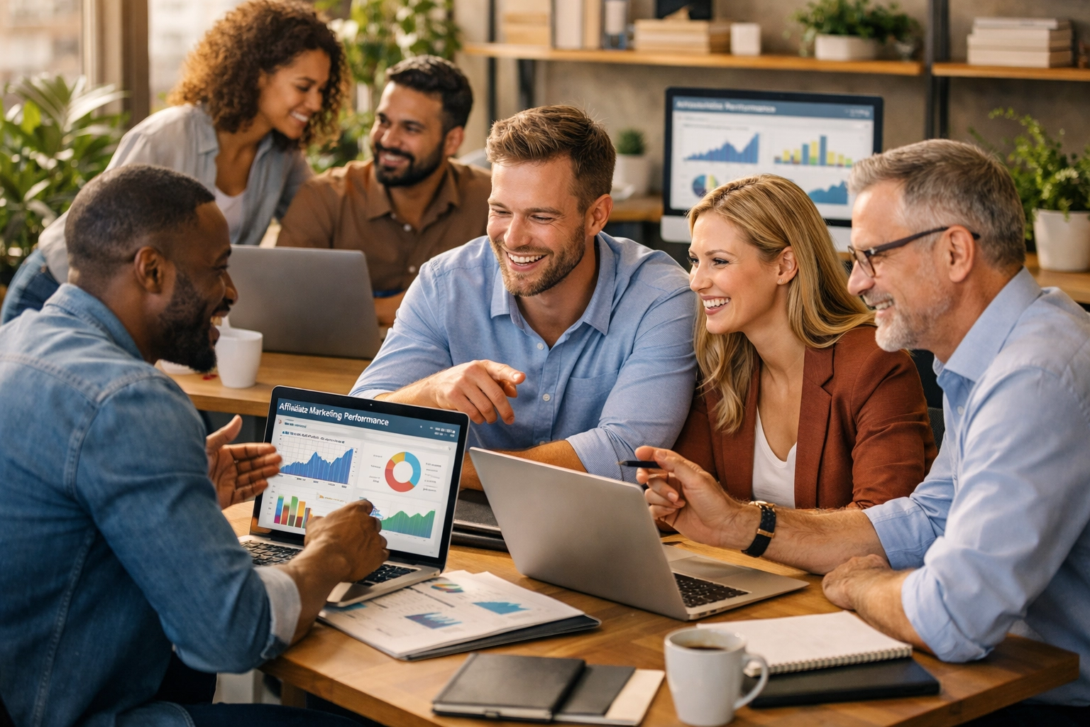 Professioneel team van diverse affiliate marketeers die samenwerken in een moderne kantooromgeving