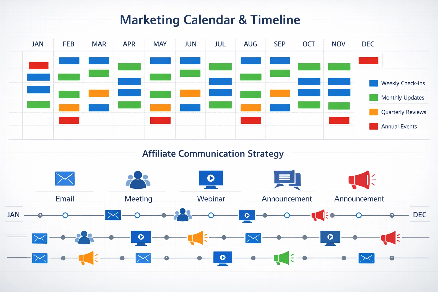 Communication calendar and timeline visualization for affiliate management