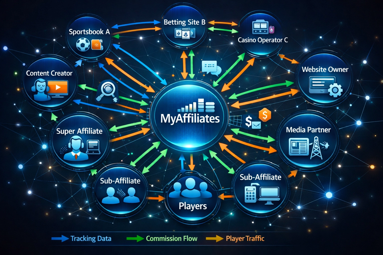 Network ecosystem visualization showing affiliate marketing connections and data flows