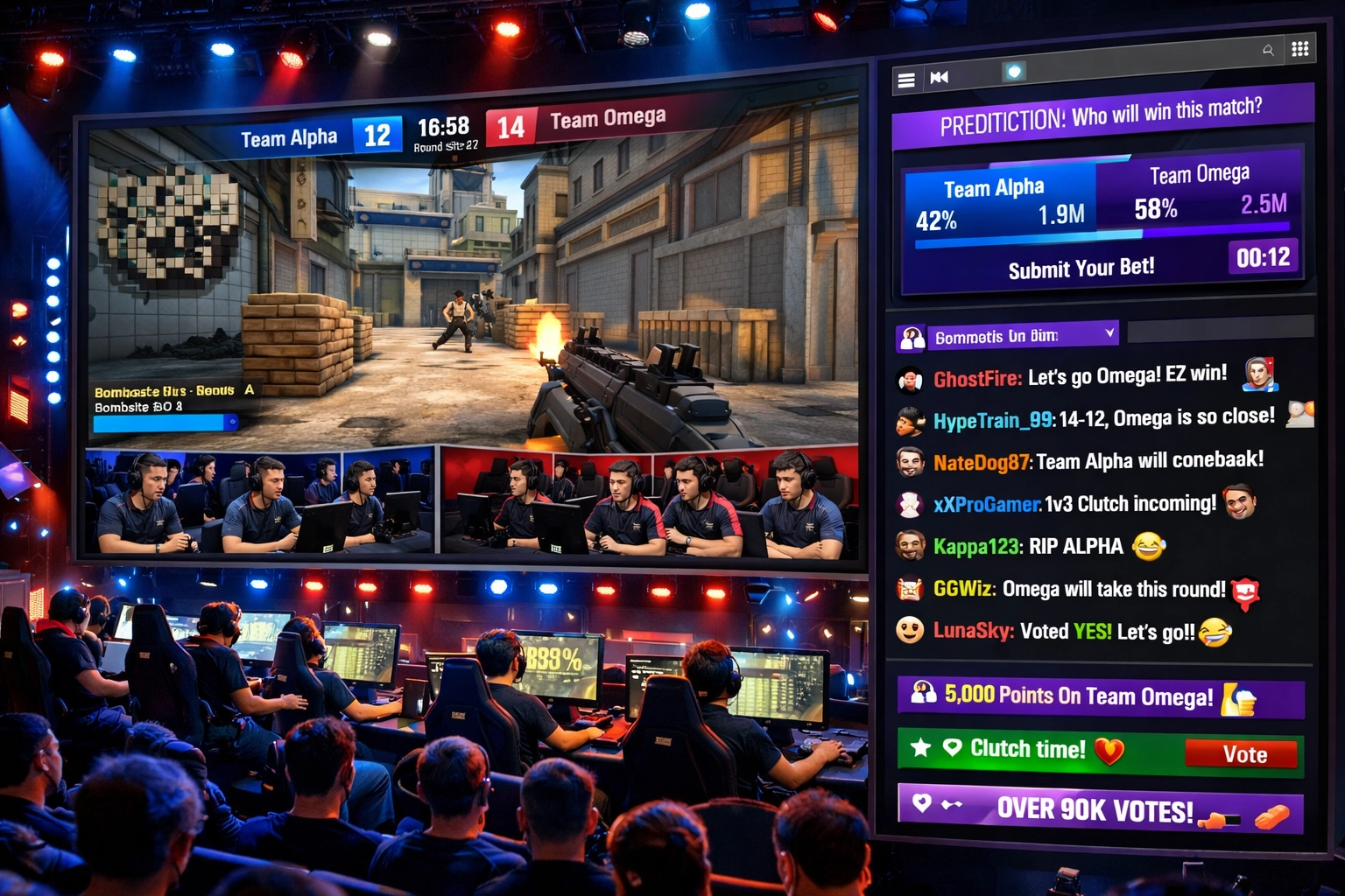 Twitch chat interaction during esports tournament with live predictions and polls