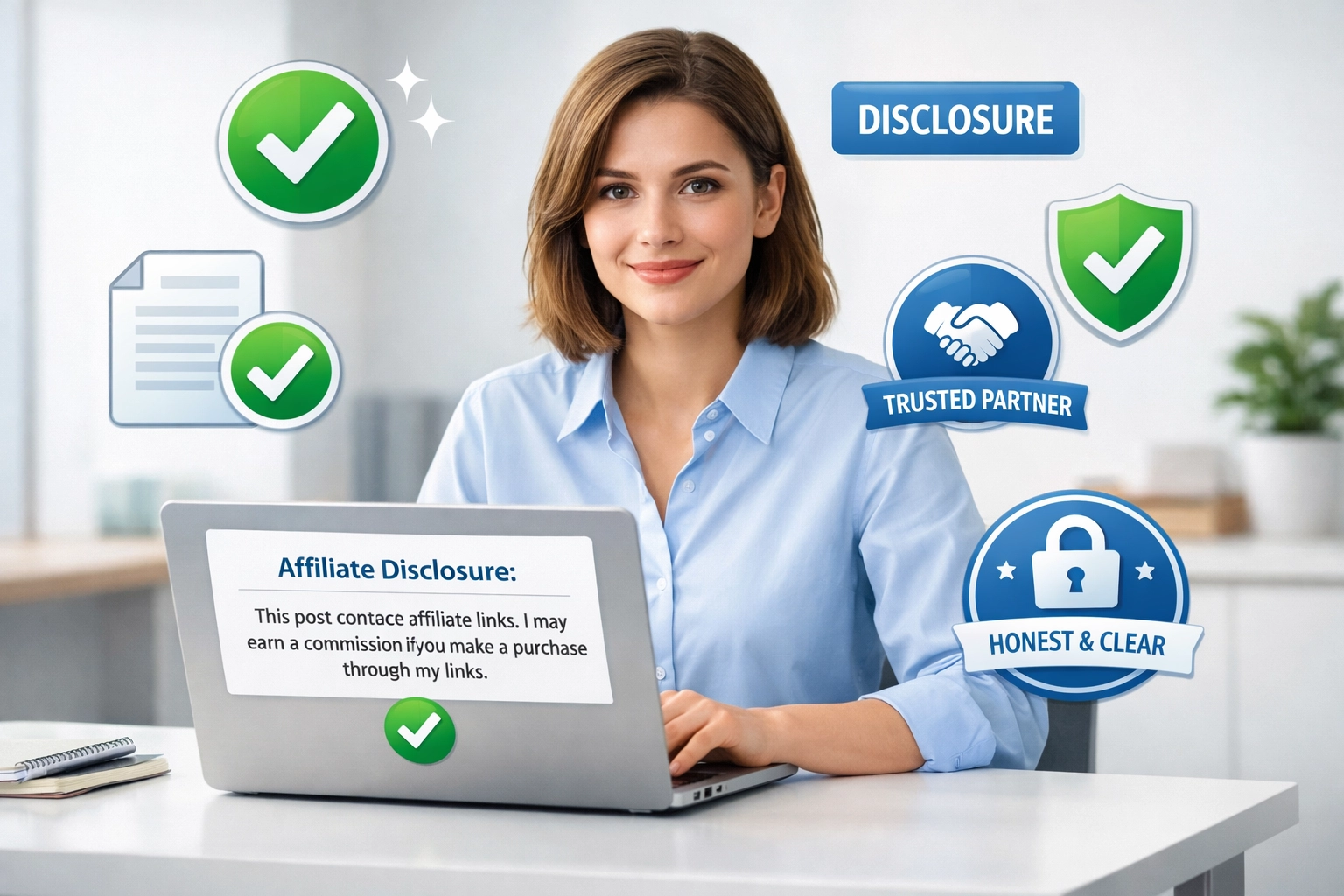 Transparant affiliate marketing disclosure concept met vertrouwensindicatoren