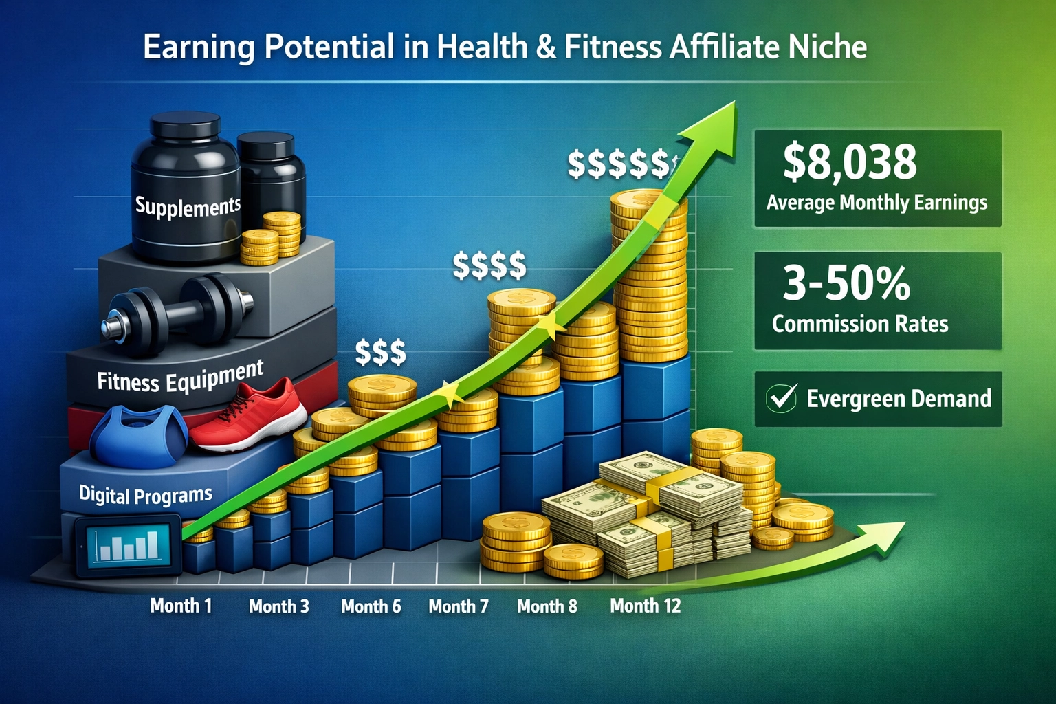 Visualisatie van affiliate marketing inkomsten en commissietarieven in de gezondheid- en fitnessniche