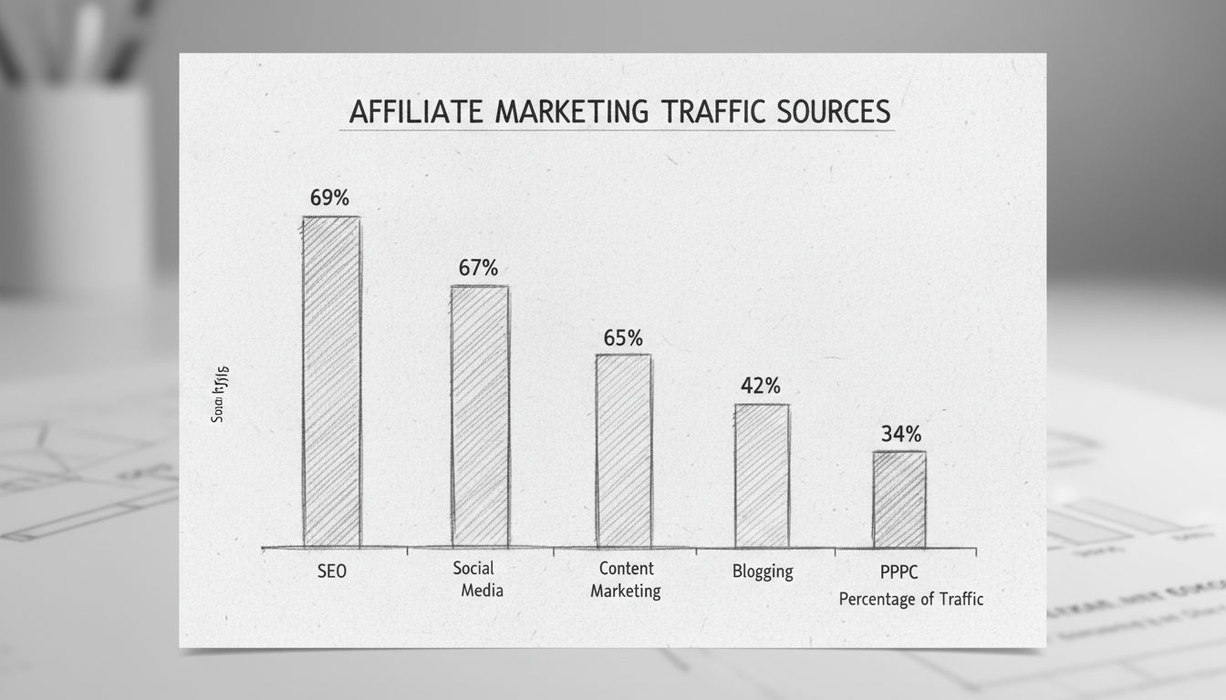 Affiliate marketing verkeersbronnen: SEO 69%, Social Media 67%, Contentmarketing 65%, Bloggen 64%, E-mail 42%, PPC 34%