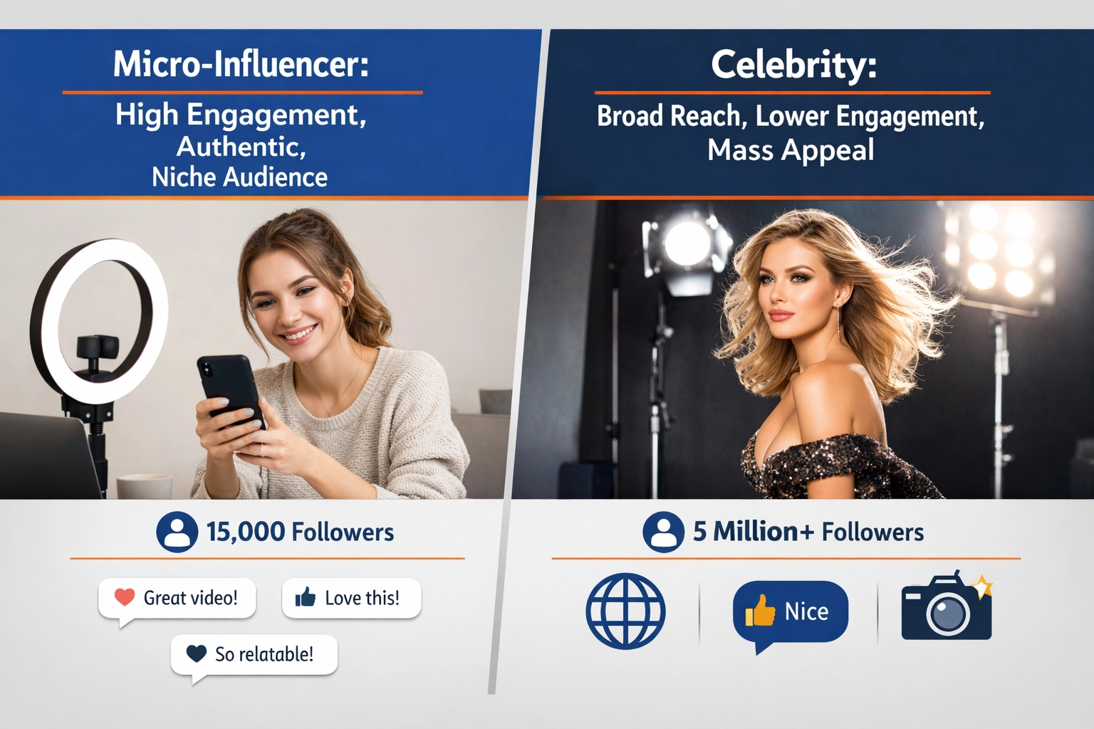 Vergelijking tussen micro-influencer en celebrity influencer met betrokkenheidspercentages en publieksrelatie