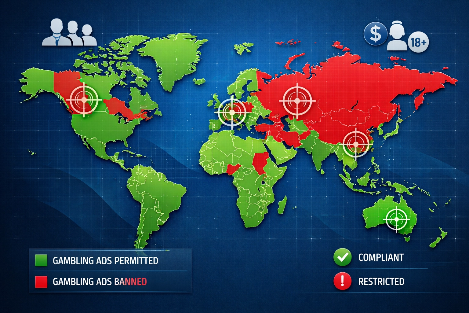 Wereldkaartvisualisatie toont gokadvertentieregels per regio met kleurcodes voor naleving en targetingindicatoren
