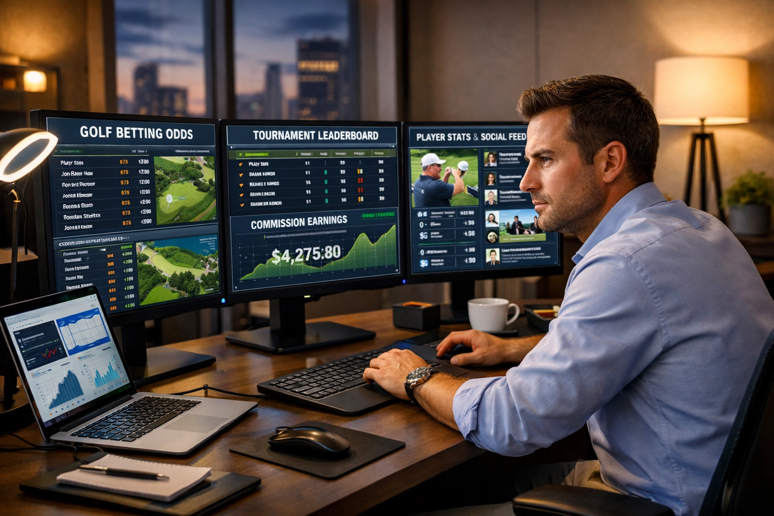 Affiliate marketeer beheert golf betting campagnes op meerdere schermen