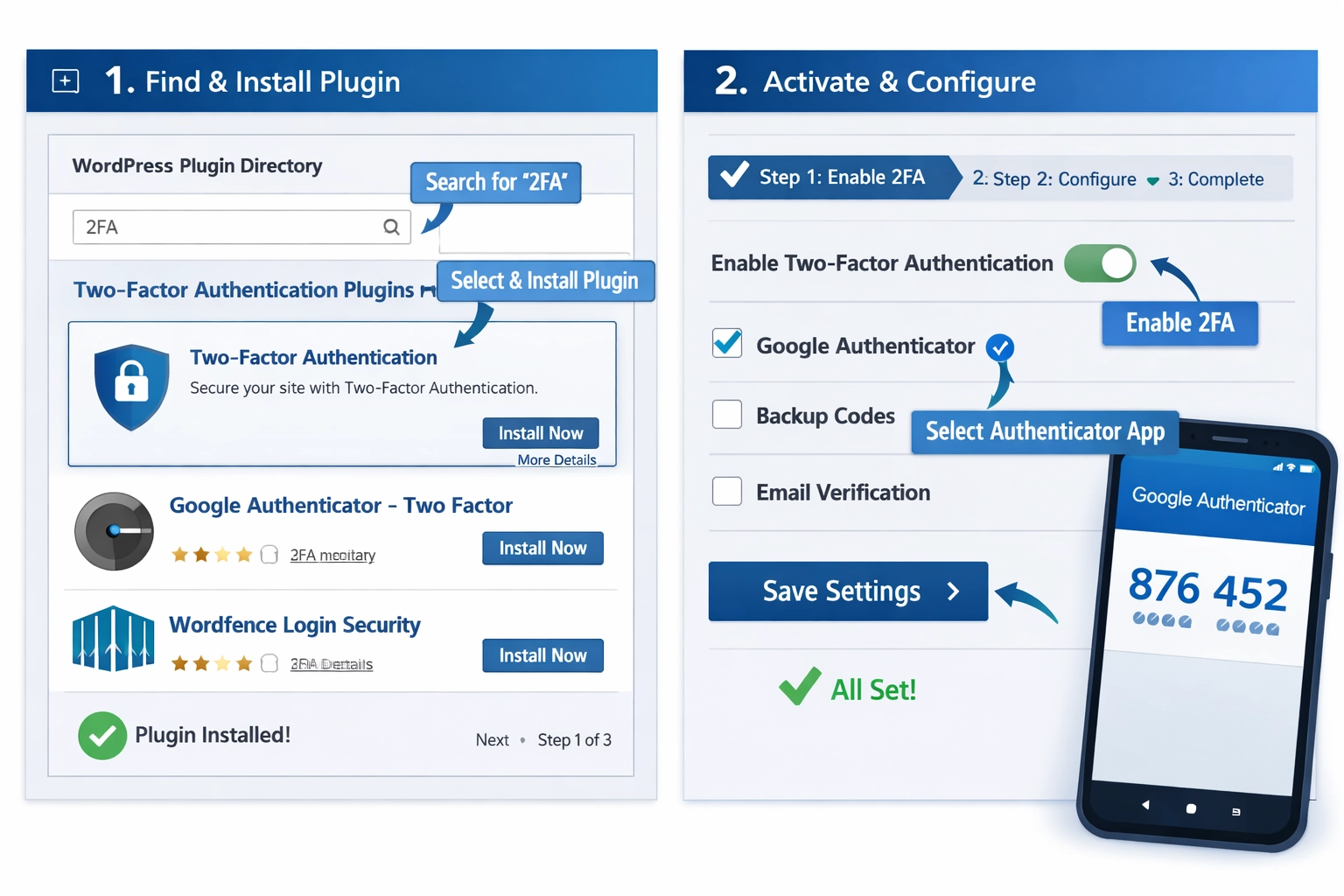 Installatieproces van WordPress-plugin en 2FA-instelling