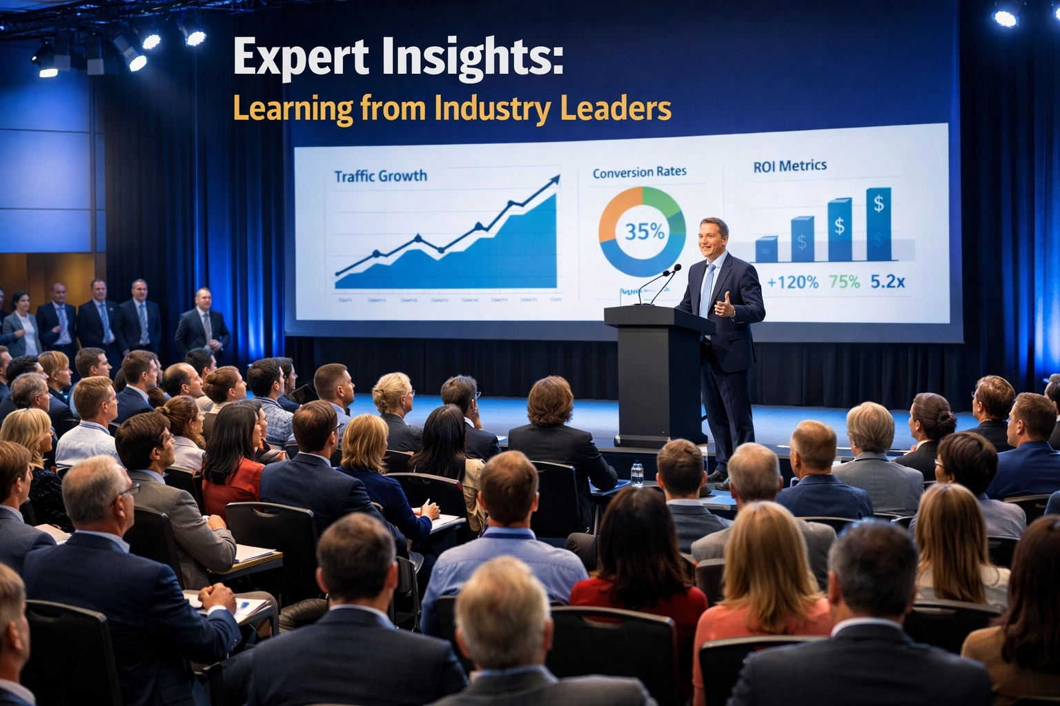 Professionele keynote spreker presenteert aan betrokken publiek op marketingcongres