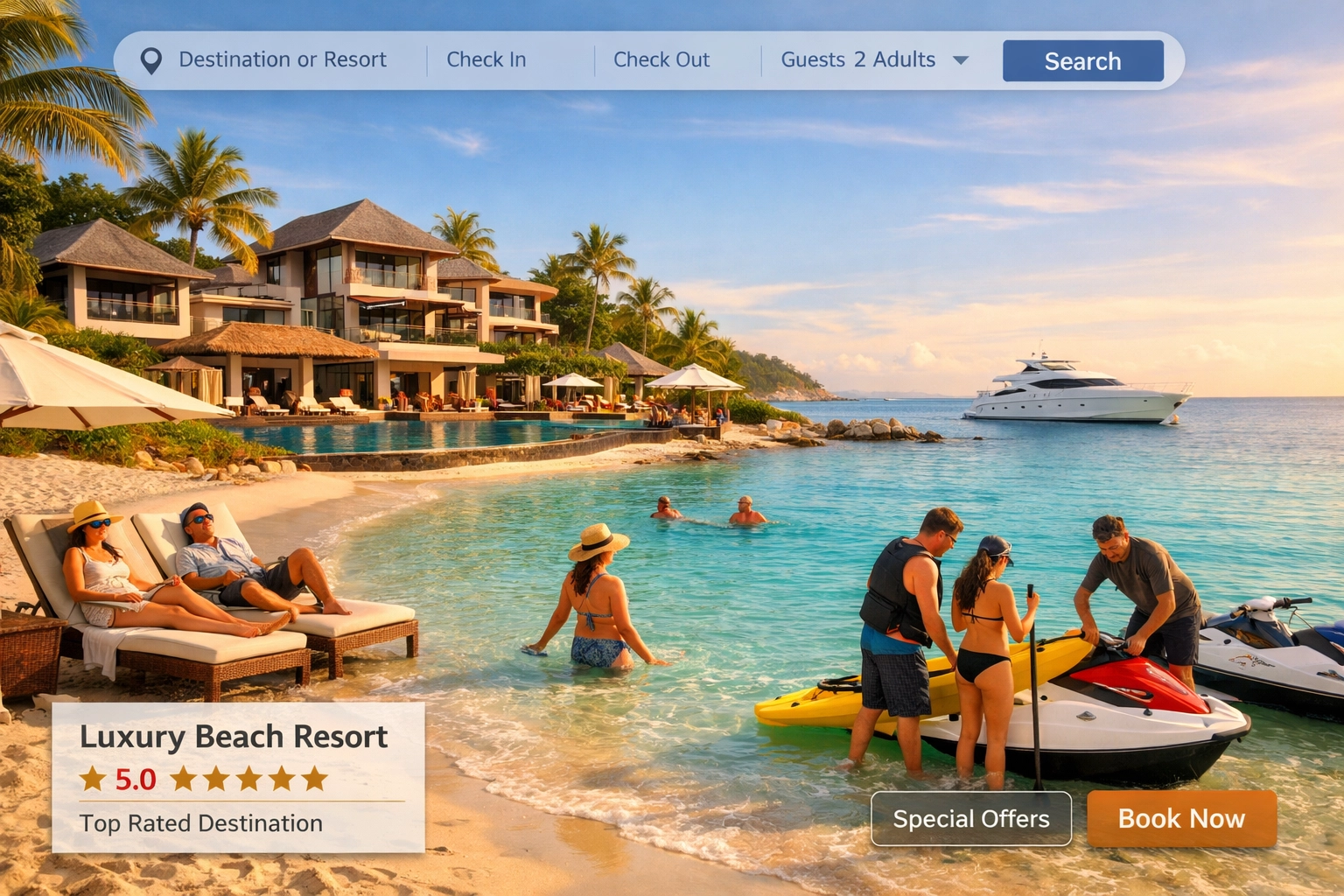 Prachtige tropische vakantiebestemming met luxe resort en diverse reizigers