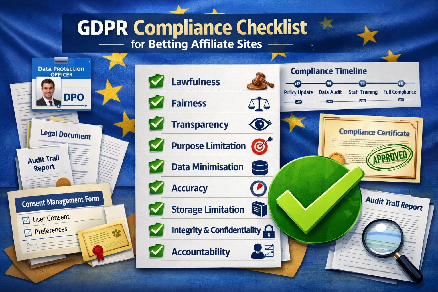 GDPR-compliance checklist met EU-vlag en compliancebadges