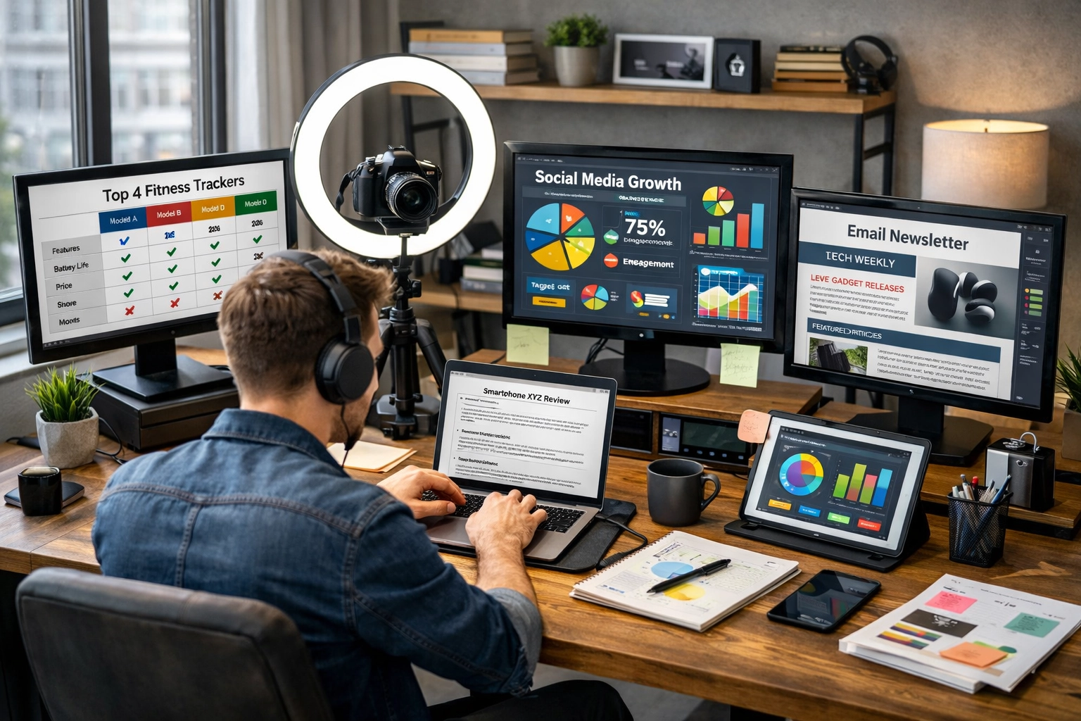 Contentmaker werkt aan verschillende contenttypen zoals reviews, vergelijkingen en tutorials