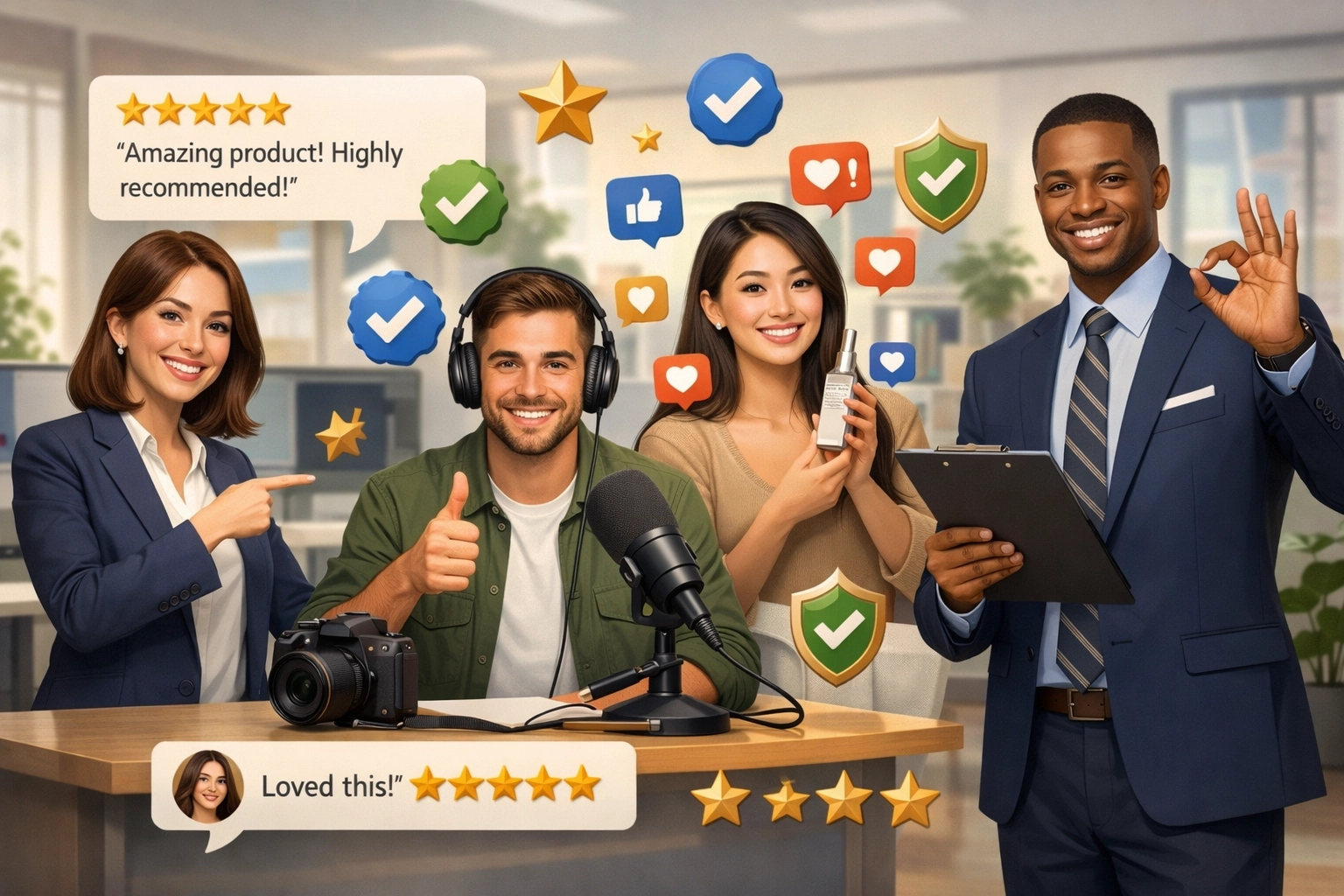 Diverse professionals en influencers die producten aanbevelen met vertrouwenssymbolen en geloofwaardigheidsbadges