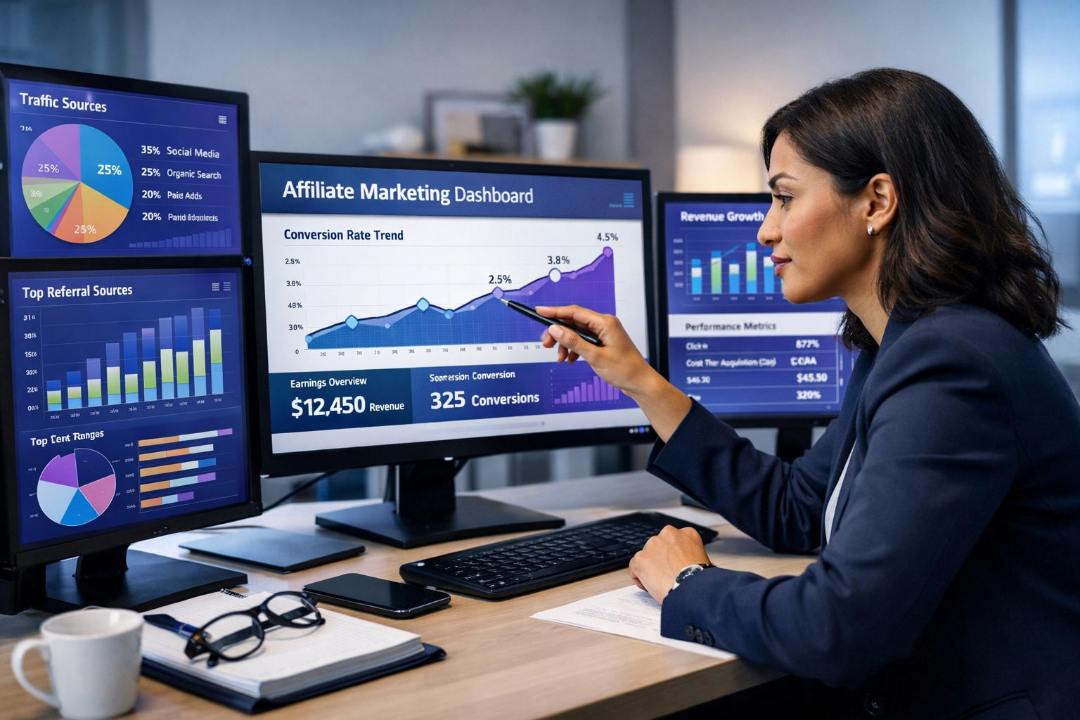 Professioneel analytics dashboard met affiliate marketing statistieken en prestatiegegevens