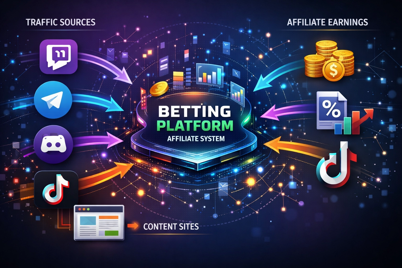 Netwerkdiagram van trafficbronnen: Twitch, Telegram, Discord, TikTok, YouTube en contentwebsites