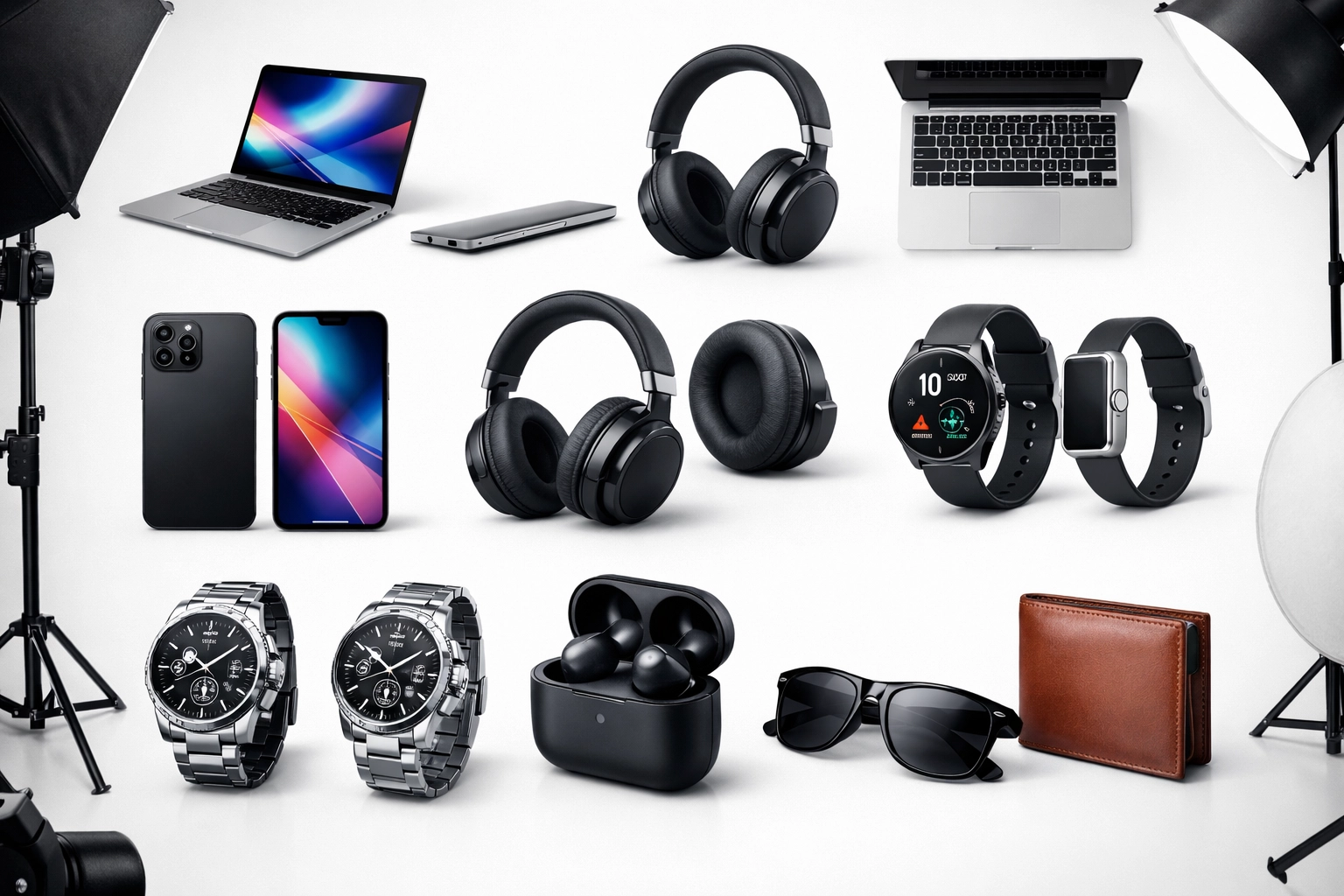 Showcase van professionele productfotografie met meerdere hoogwaardige productafbeeldingen