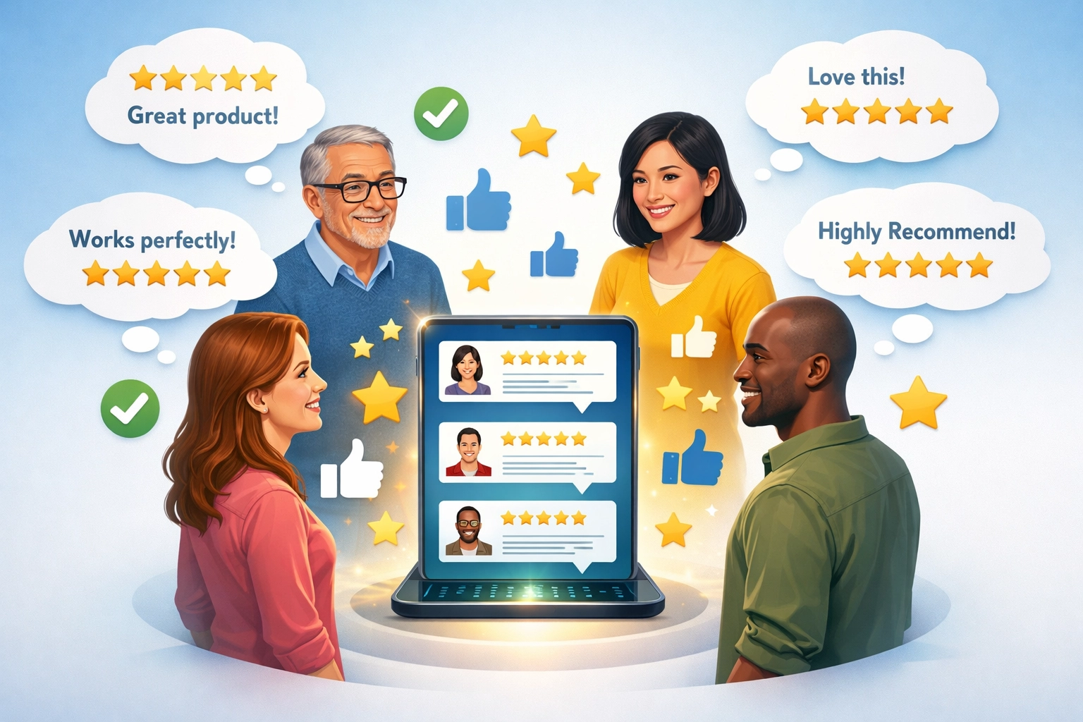 Psychologie van sociale bewijskracht met diverse mensen die beslissingen nemen op basis van positieve ervaringen van anderen