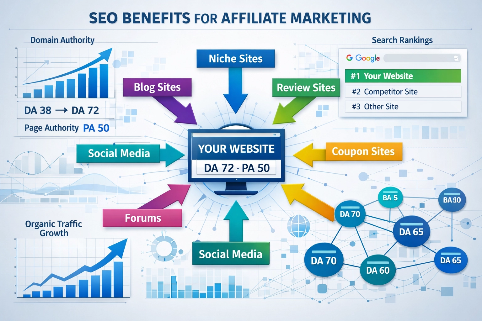 Visualisatie van SEO-voordelen toont backlinks en verbetering van domeinautoriteit via affiliate marketing