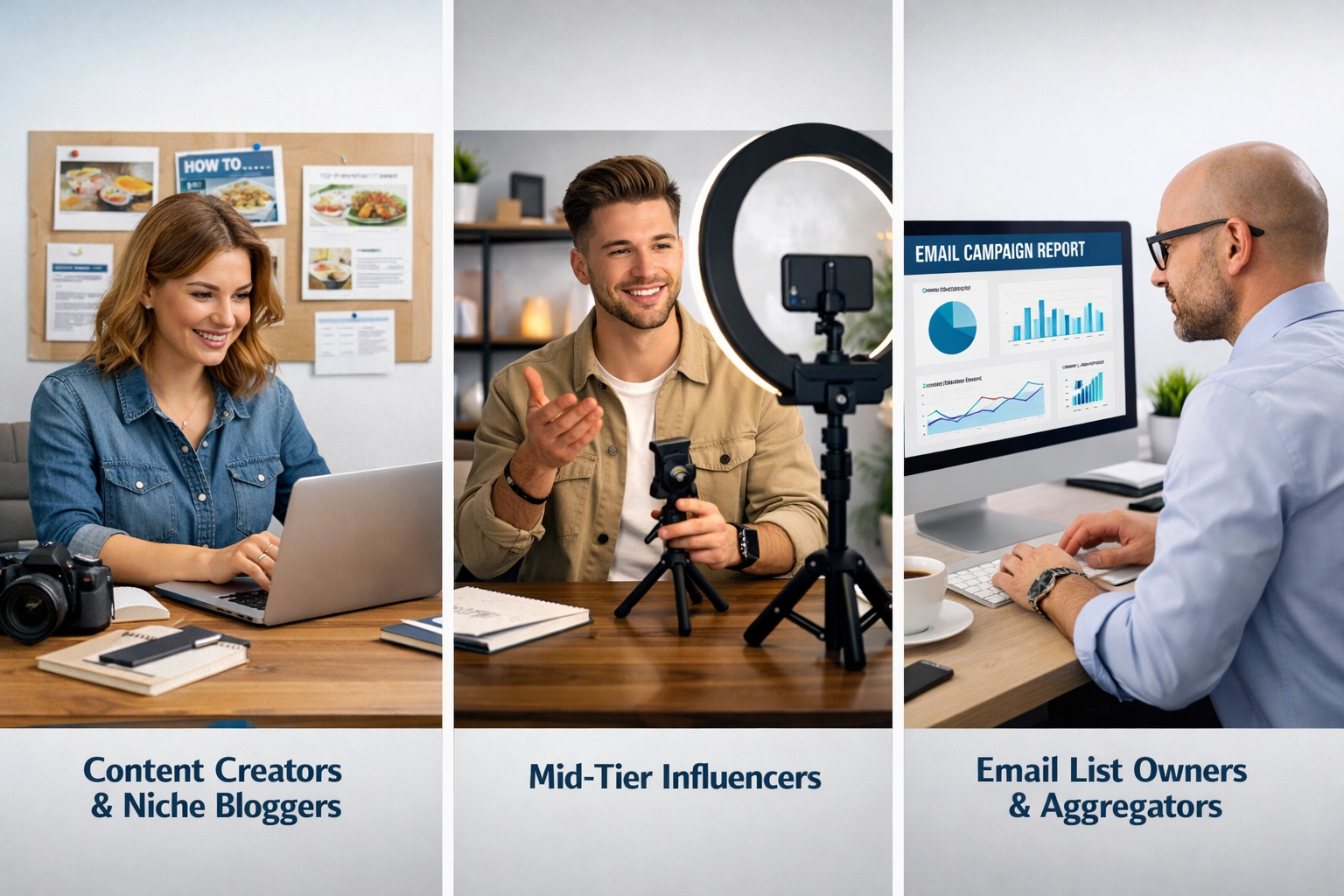 Drie typen affiliatepartners: blogger, influencer en e-mailmarketeer