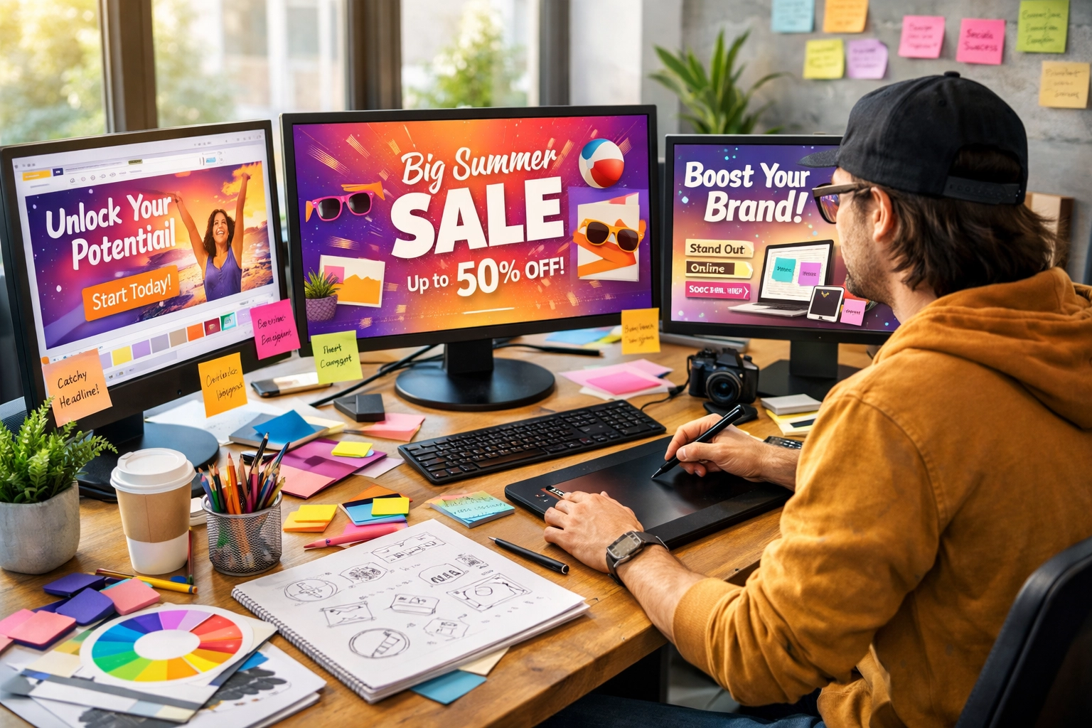 Creatieve contentcreatie werkplek met design tools en brainstormmaterialen