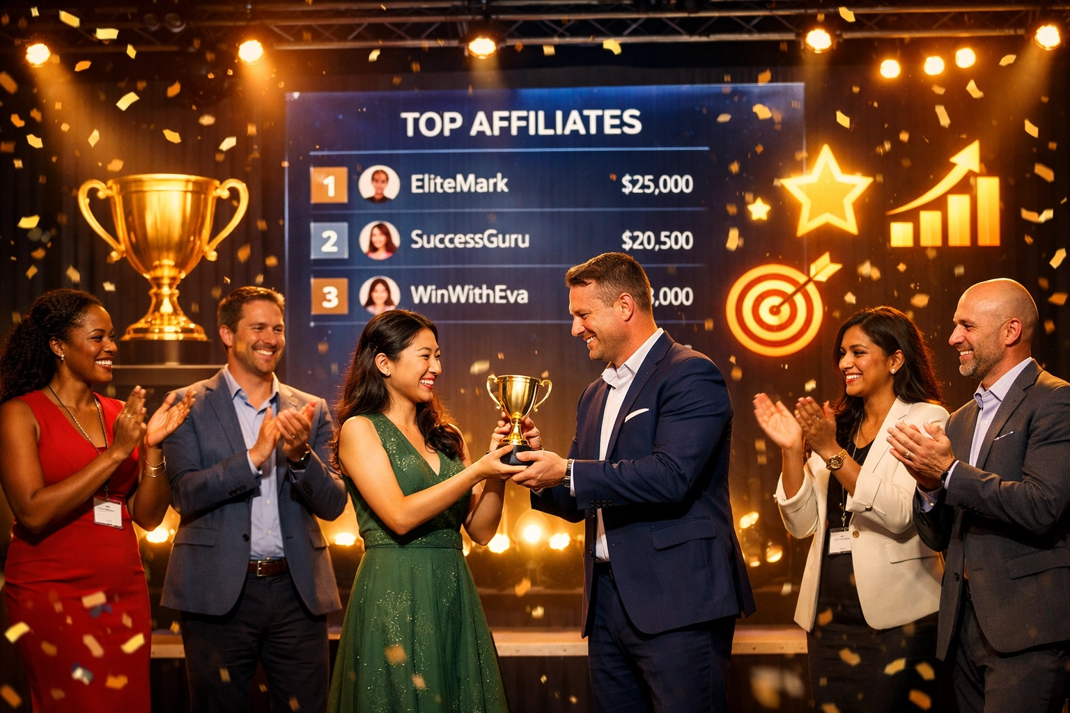 Affiliate erkenning en viering van prestaties met diverse groep die succes viert