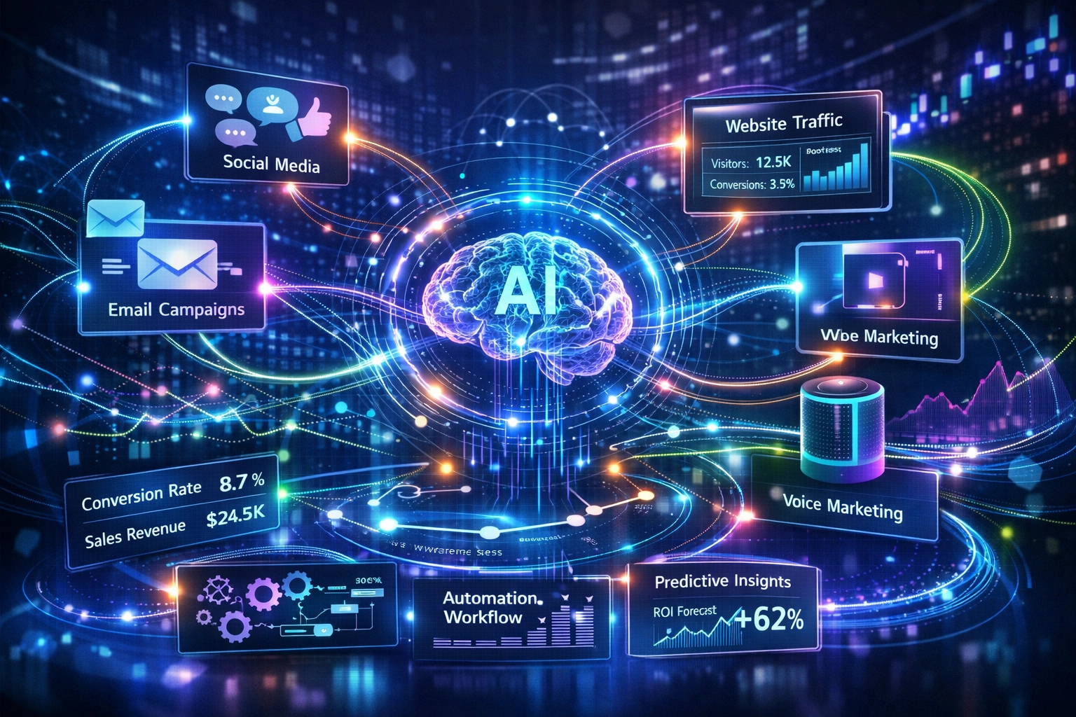 Futuristisch AI-gedreven affiliate marketing-ecosysteem met geïntegreerde technologieën en automatisering