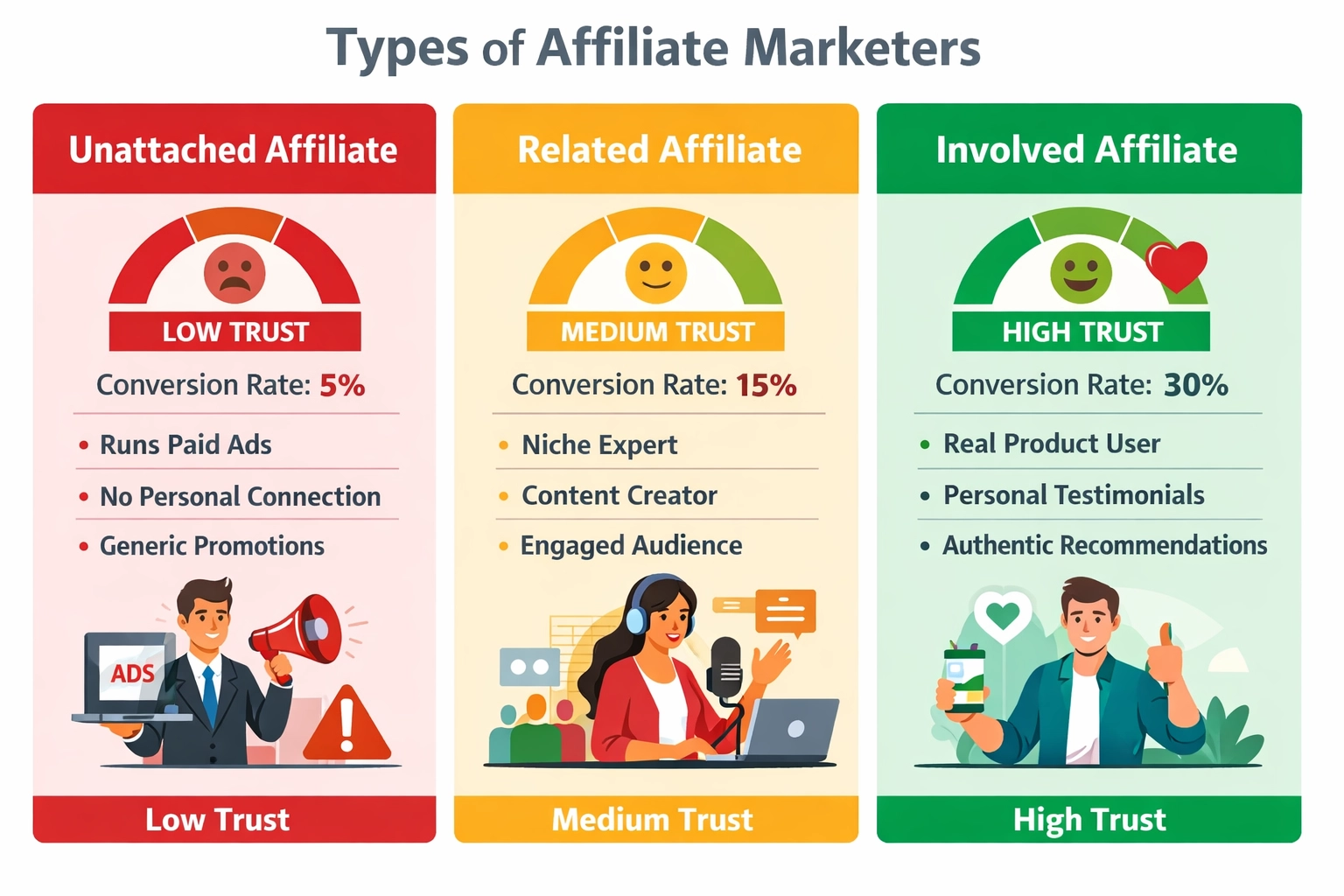Vergelijking tussen drie affiliate types: onafhankelijk, gerelateerd en betrokken, met vertrouwen en conversieratio's