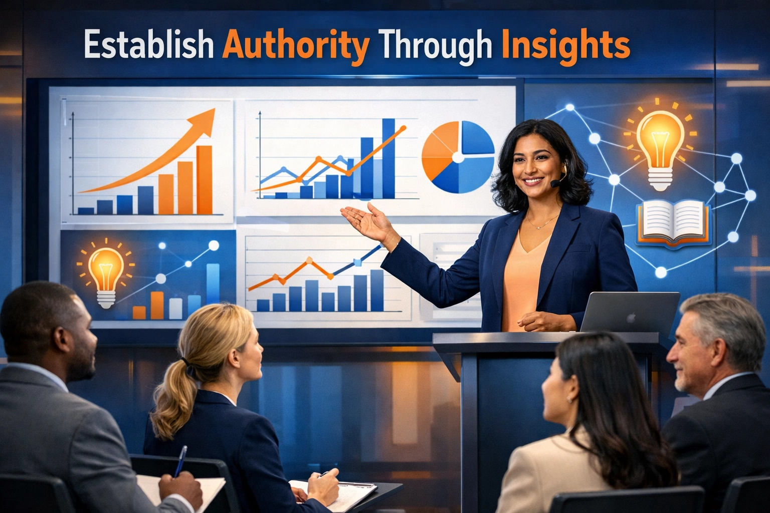 Professionele thought leader presenteert inzichten aan betrokken publiek