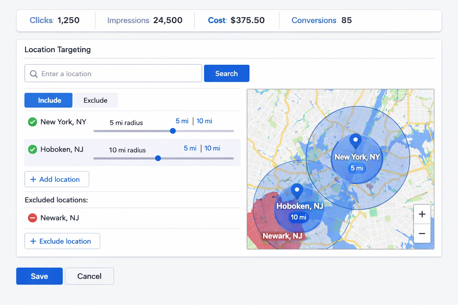 Dashboard digitale advertenties toont geotargeting-campagne met locatie-instellingen