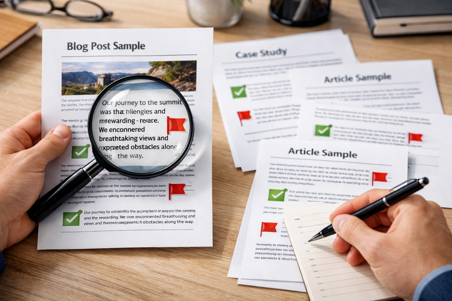 Close-up van portfolio-evaluatie met vergrootglas en kwaliteitsindicatoren