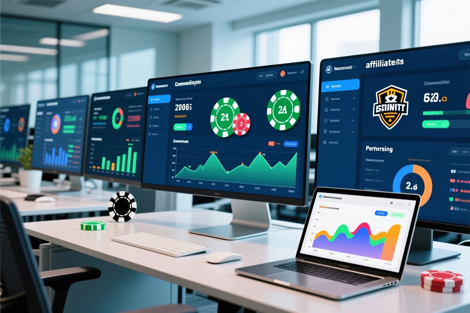 Modern affiliate marketing dashboard met poker toernooi analytics en conversie statistieken