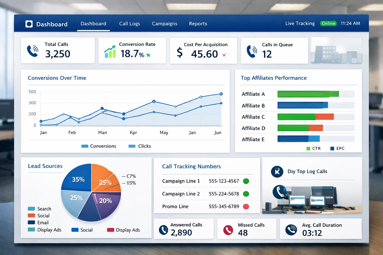 Callcenter software dashboard dat affiliate marketingstatistieken en realtime beltracking toont