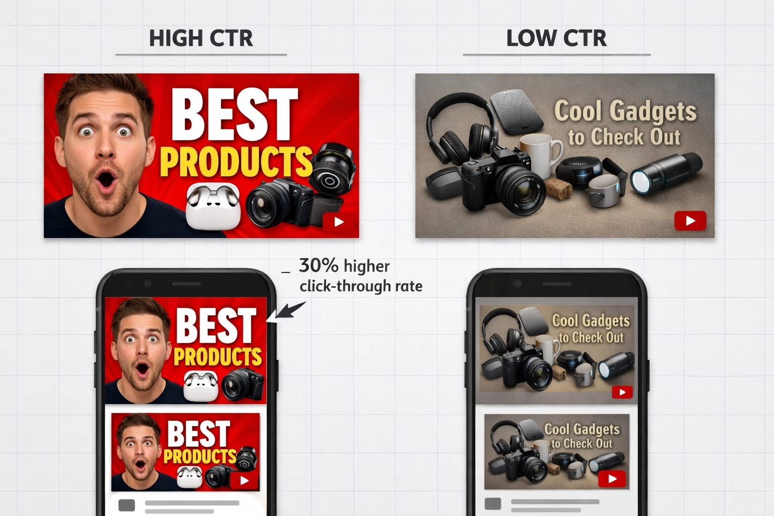 Vergelijking tussen hoog- en laag-converterende YouTube-thumbnails met ontwerpbest practices