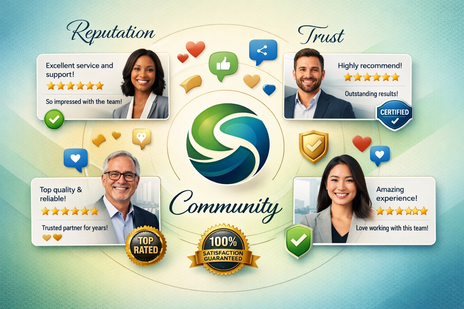 Visualisatie van merkreputatie met testimonials, reviews en communitybetrokkenheid