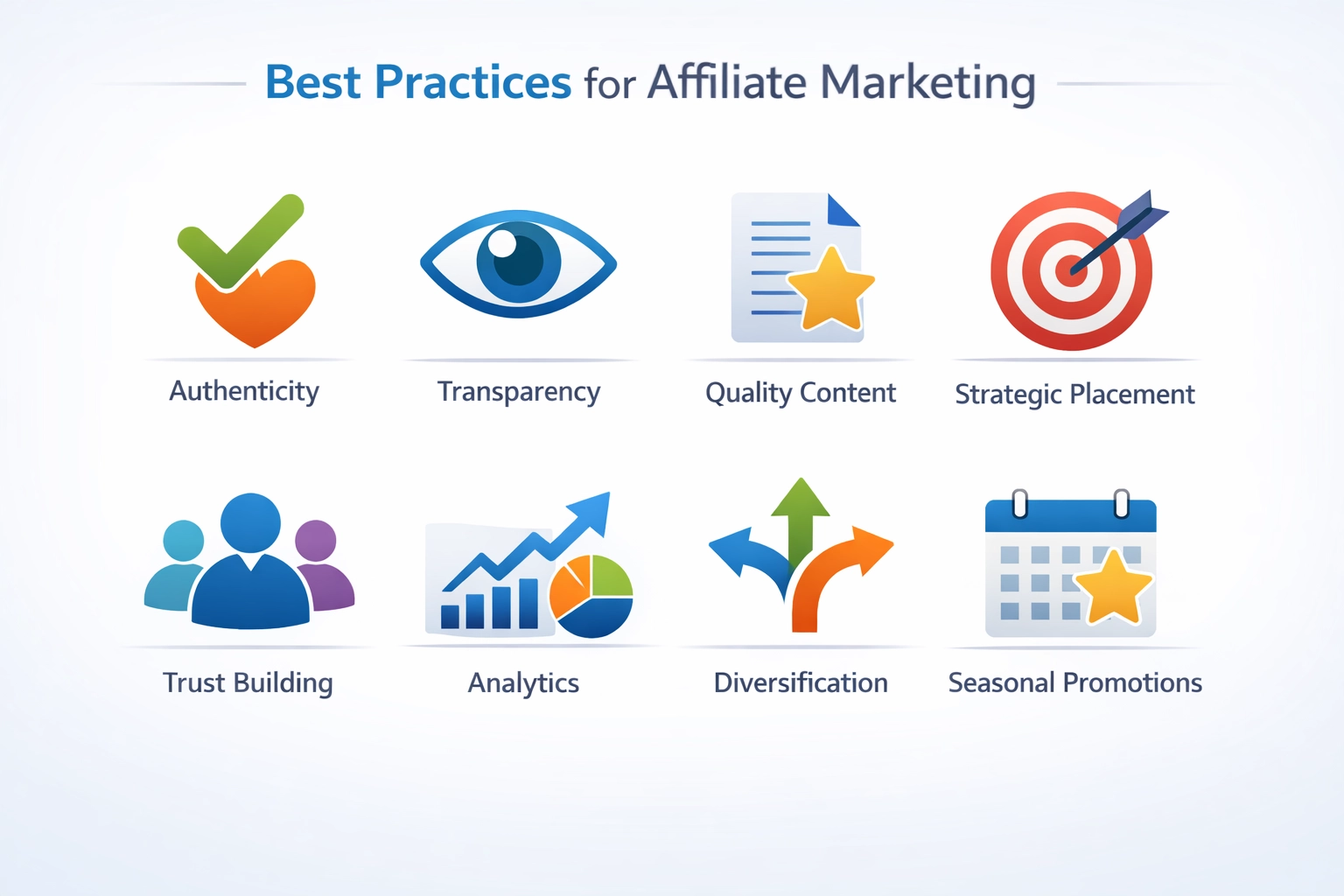 Acht best practices voor affiliate marketing succes geïllustreerd als iconen